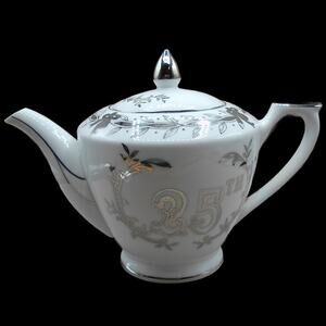 Vintage Lefton 25th Silver Wedding Anniversary Teapot & Lid 3 Cup 279 MCM